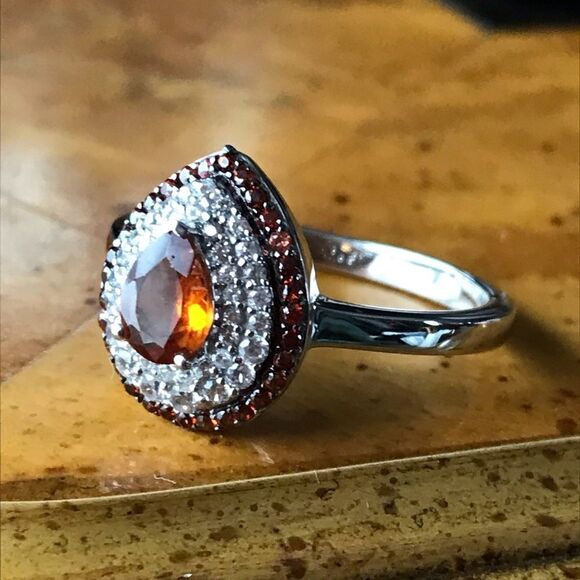 Natural Orange Garnet Sterling Silver Teardrop Ring Size 10 - Picture 8 of 9